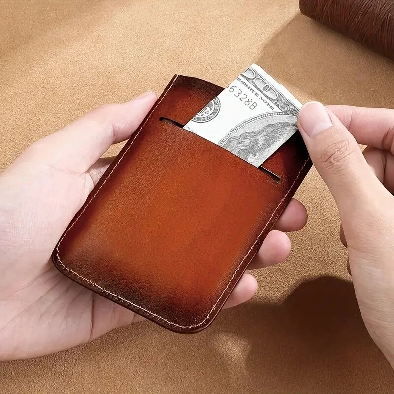 (image for) Ekphero Men's Card Holder Genuine Leather Portable Credit Card Case Storage Magnetic Suction Card Holder Simple Thin Bank Card Anti-magnetic Bus Card Slot Mini Bag